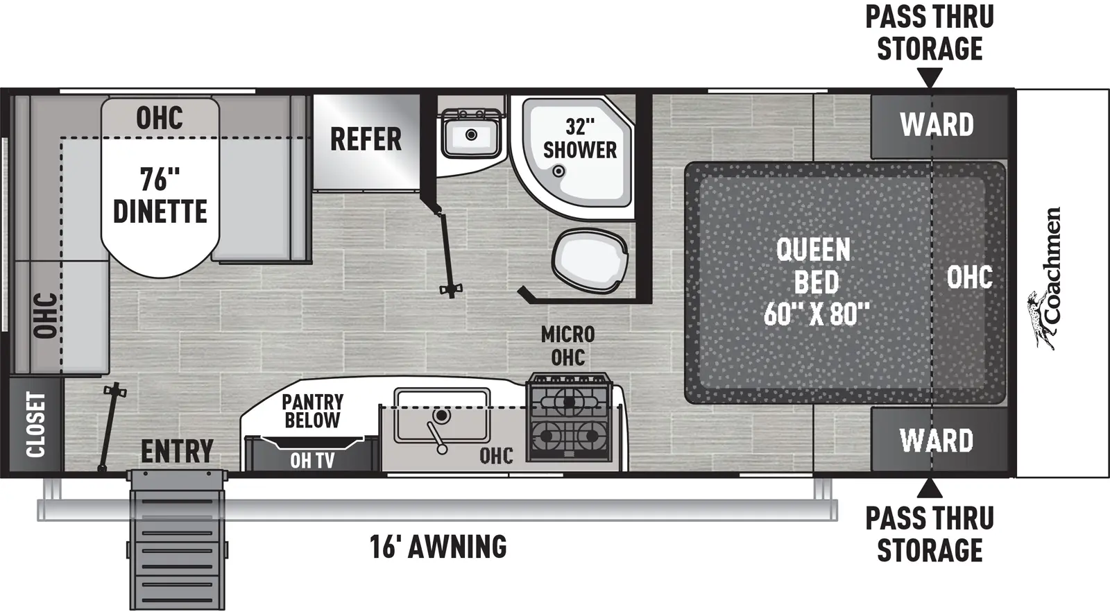 The 20SE has no slide outs and one entry. Exterior features front pass-thru storage and 16 foot awning. Interior layout front to back: foot-facing queen bed with overhead cabinet and wardrobes on each side; off-door side full bathroom; door side kitchen counter with cooktop, microwave, overhead cabinet, sink, pantry, overhead TV, and entry door; off-door side refrigerator and dinette with overhead cabinet that wraps to rear with door side rear closet. 